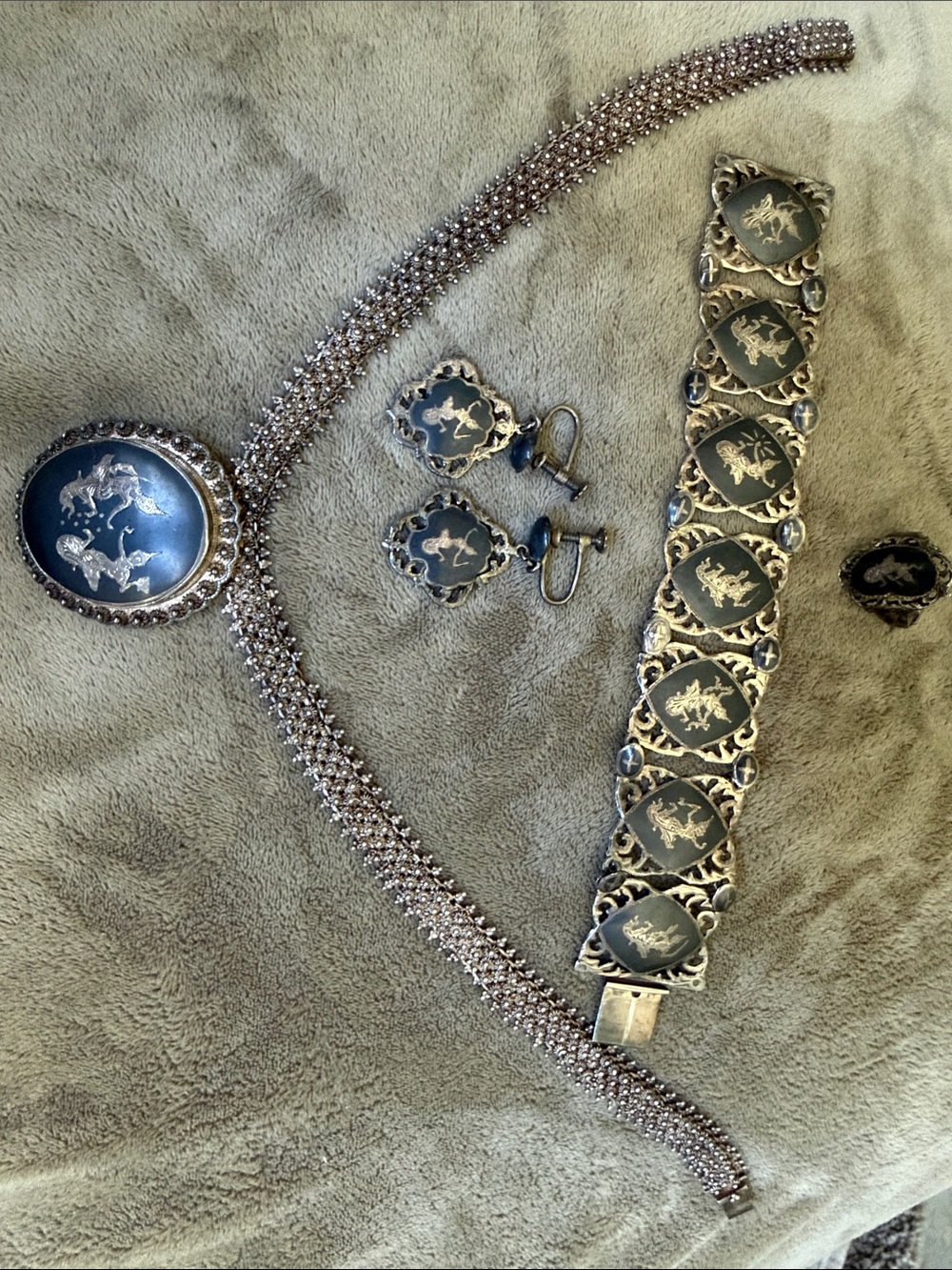 Vintage Siam sterling silver niello panel set
